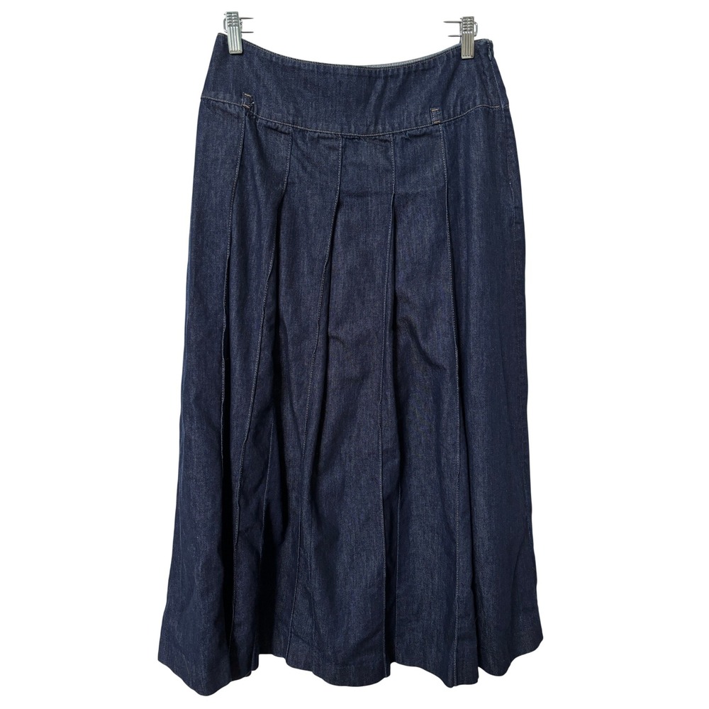 Massimo Dutti Dark Indigo Denim Pleated Midi Skirt Size M Wide Waistband